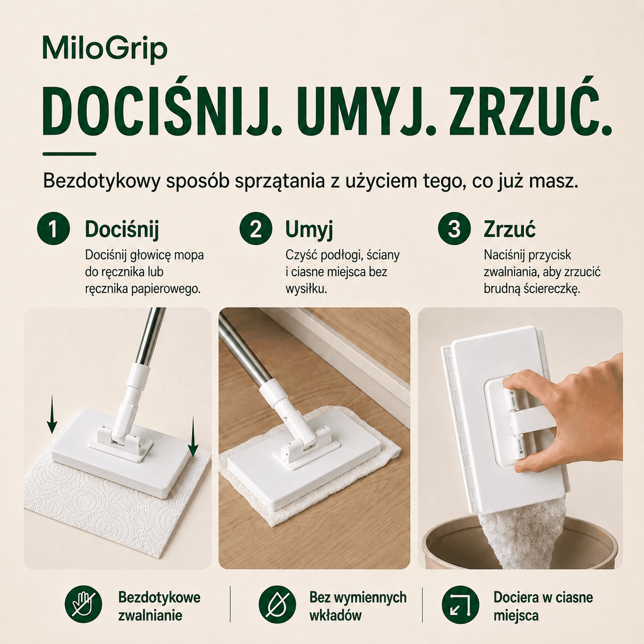 Mop MiloGrip – Chwyta ścierkę w 1 sekundę