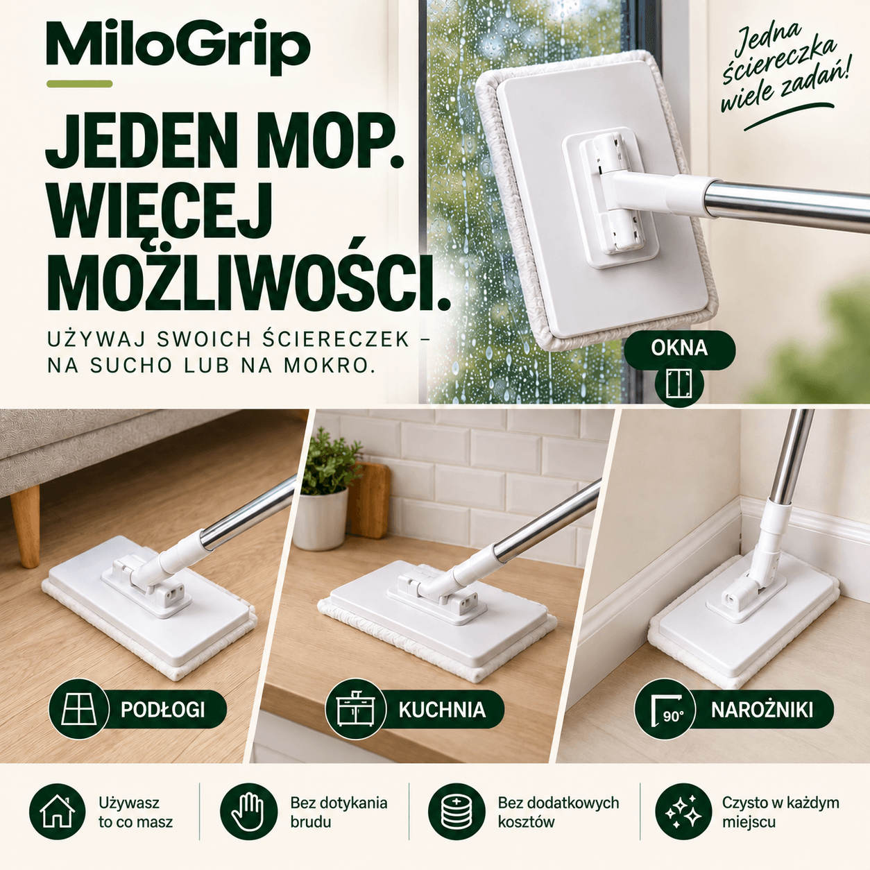 Mop MiloGrip – Chwyta ścierkę w 1 sekundę