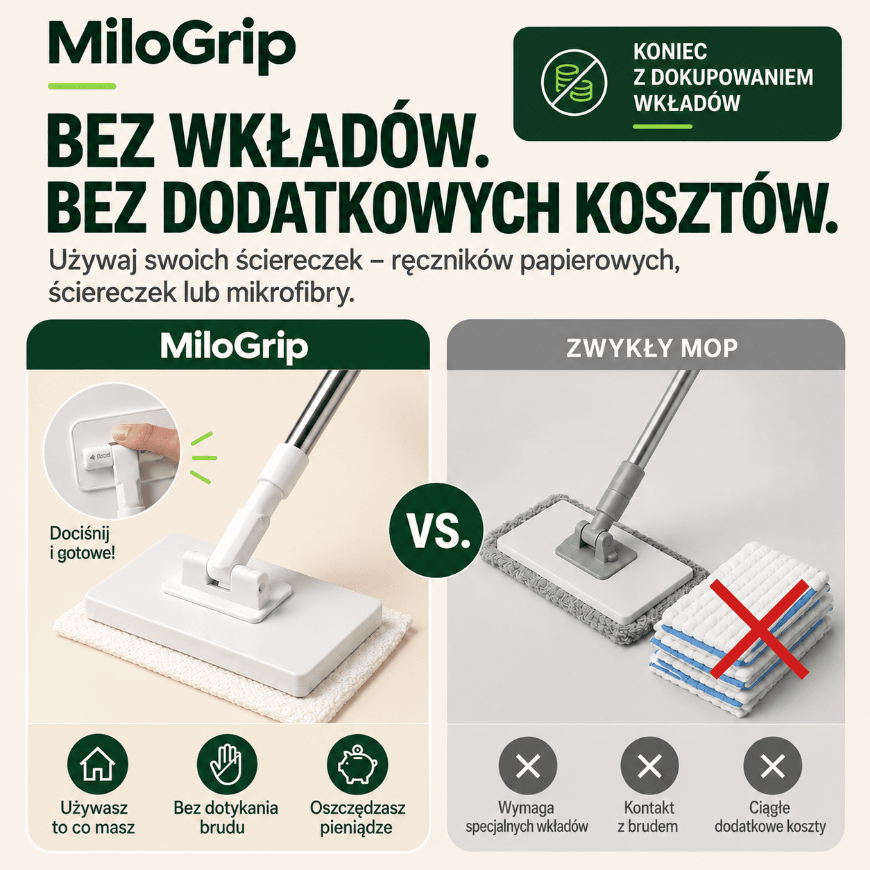 Mop MiloGrip – Chwyta ścierkę w 1 sekundę